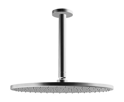 Deckenmontierte Runddusche mit flachem Kopf und gleichmäßig verteilten Duschdüsen in glänzendem Chromfinish.